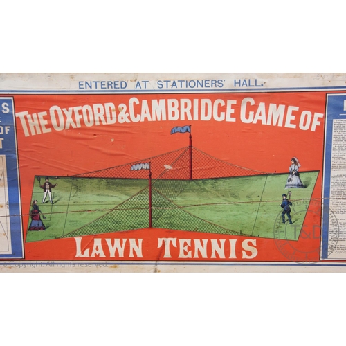 446 - An Ayres Oxford and Cambridge Lawn Tennis Box 1875/6, the pine box decorated with the light blue and... 