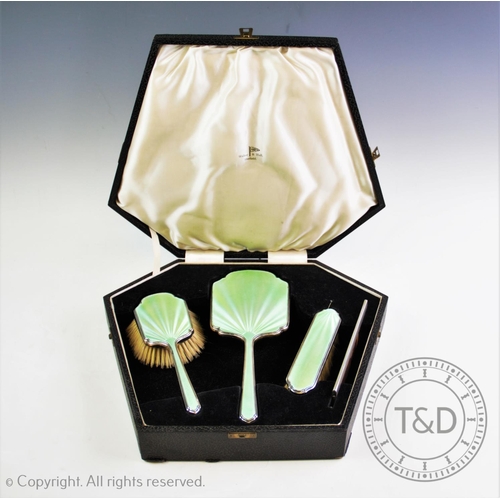 48 - A Walker & Hall enamel and silver mounted dressing table set, Walker & Hall, Sheffield 1948, compris... 