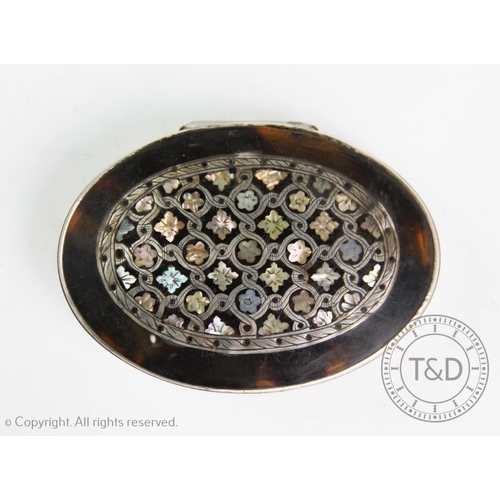 67 - A George III white metal mounted tortoiseshell snuff box, of oval form, with abalone and mother of p... 