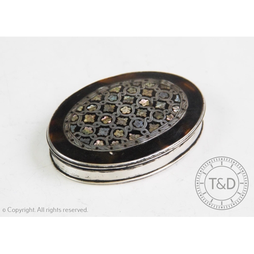 67 - A George III white metal mounted tortoiseshell snuff box, of oval form, with abalone and mother of p... 