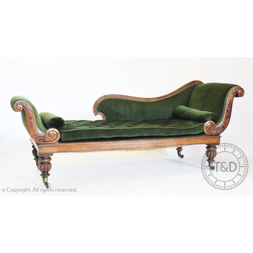 783 - A Victorian rosewood double end chaise lounge or day bed, with a down swept padded back extending to... 