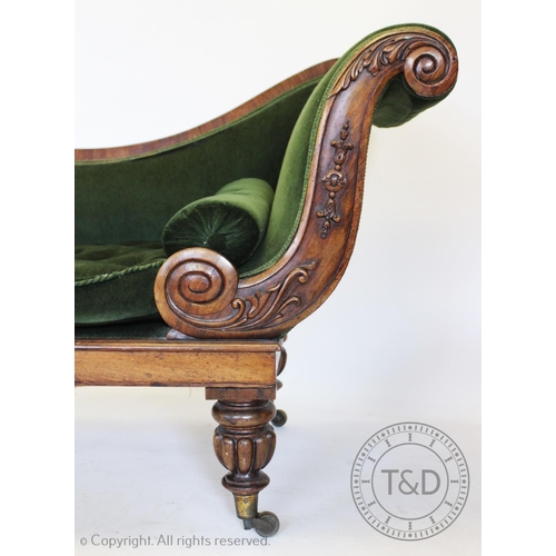 783 - A Victorian rosewood double end chaise lounge or day bed, with a down swept padded back extending to... 