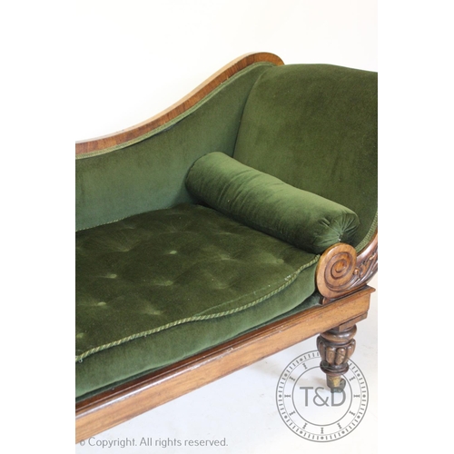 783 - A Victorian rosewood double end chaise lounge or day bed, with a down swept padded back extending to... 