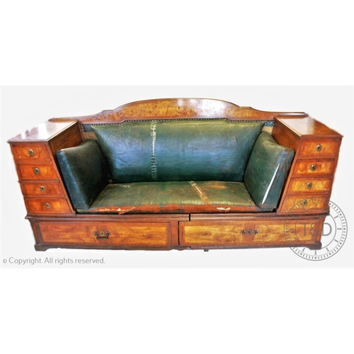 790 - A mid 19th century oak, walnut and green leather library sofa, possibly German, the arched rail back... 