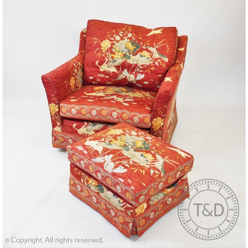 815 - A three piece chinoiserie lounge suite, to include a three seater settee, armchair and foot stool, a... 