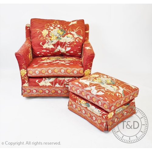 816 - A three piece chinoiserie lounge suite, to include a three seater settee, armchair and foot stool, a... 