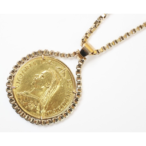 116 - A Victorian gold double sovereign £2 piece dated 1887, within yellow metal chain mount with chain st... 