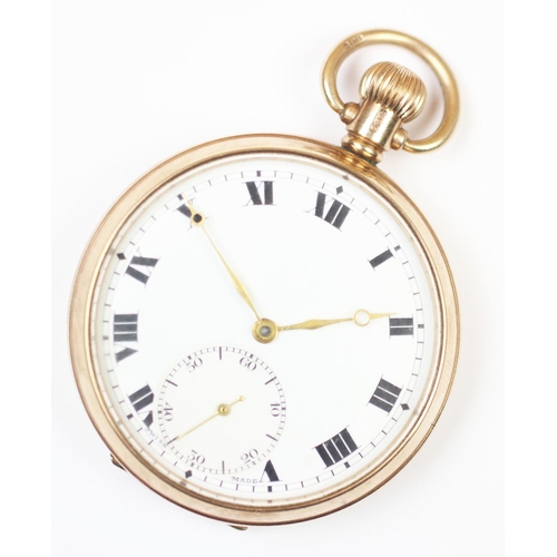 85 - A 9ct gold open face pocket watch by English Watch Company, Birmingham 1929, the white enamel dial w... 