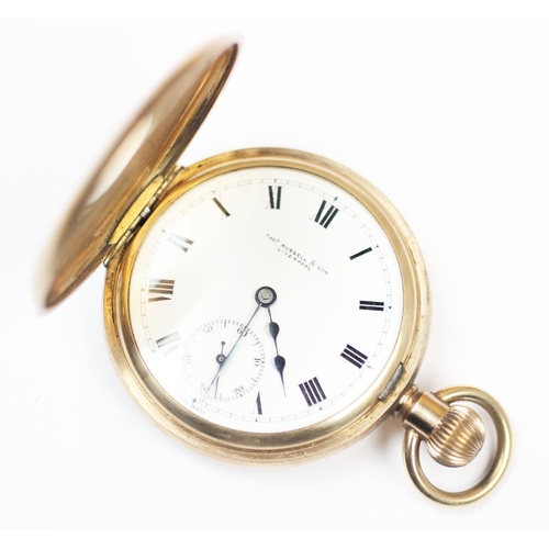 96 - A Thomas Russell & Son gold plated half hunter pocket watch, the white enamel dial with black Roman ... 