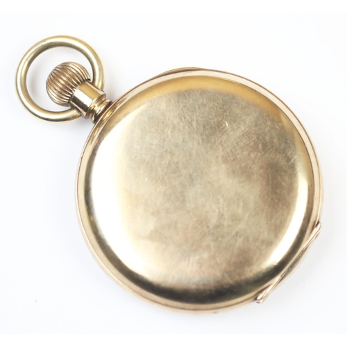 96 - A Thomas Russell & Son gold plated half hunter pocket watch, the white enamel dial with black Roman ... 