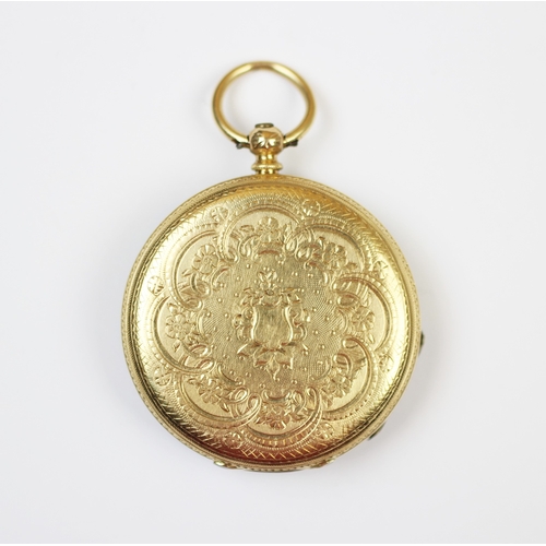 97 - A lady's continental 18ct open face gold fob watch, the gilt face with chased detail and black Roman... 