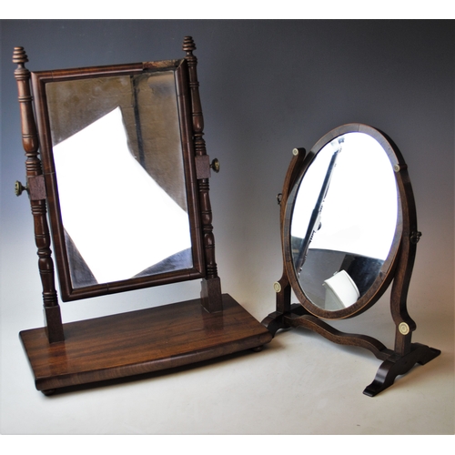 787 - A 19th century mahogany swing toilet mirror, 51cm high, and another oval example, 39cm high (2)