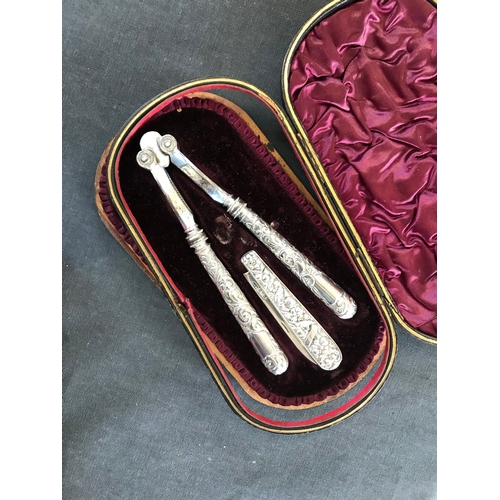 20 - A Victorian silver nutcracker and fruit knife, Hilliard & Thomason, Birmingham 1888-1889, with folia... 