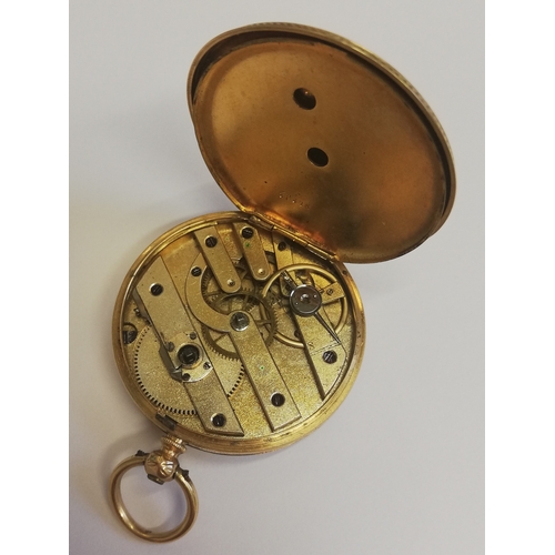 97 - A lady's continental 18ct open face gold fob watch, the gilt face with chased detail and black Roman... 