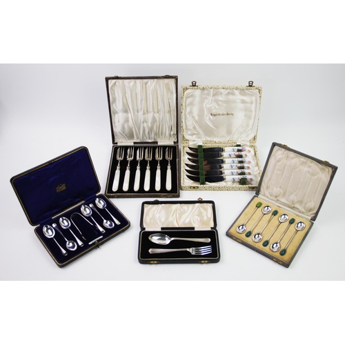 26 - A selection of silver and silver plated cased flatware, comprising: a George VI silver christening s... 
