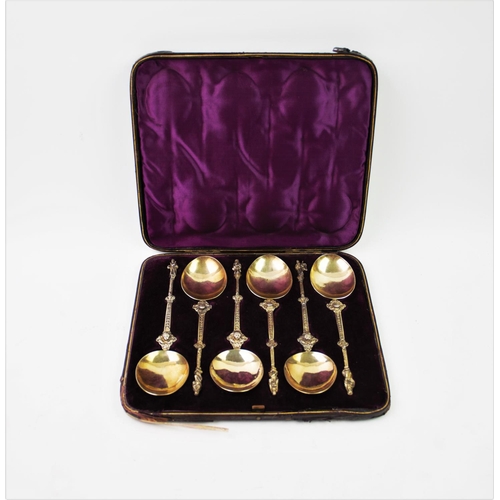 47 - A set of six continental white metal and gilt apostle spoons, with oval bowls, chased stems decorate... 