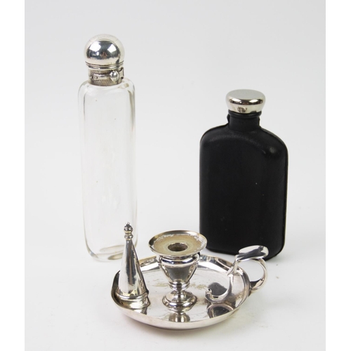 65 - A silver topped flask, Wright & Davies, London 1929, the moulded glass body of rectangular form, wit... 