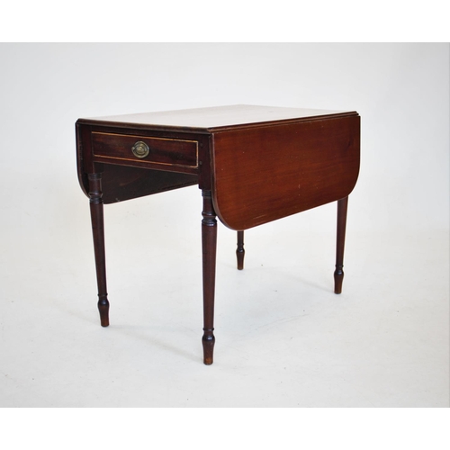 803 - A 19th century mahogany Pembroke table, with a single frieze drawer, raised upon slender ring turned... 