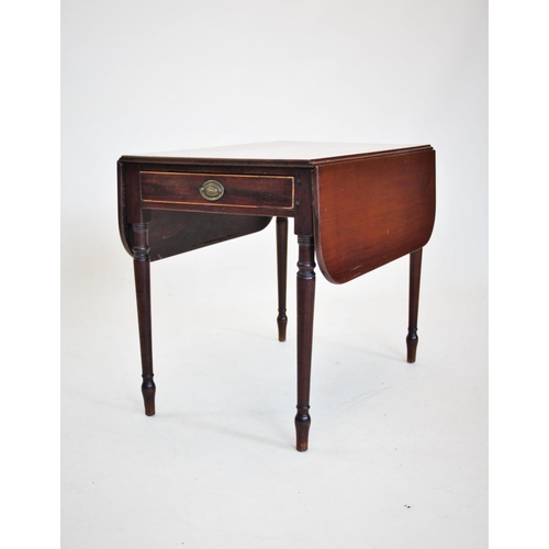 803 - A 19th century mahogany Pembroke table, with a single frieze drawer, raised upon slender ring turned... 