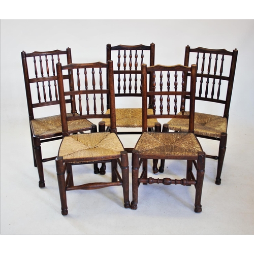 806 - A matched set of five early 19th century ash and elm spindle back country chairs, each with two rows... 