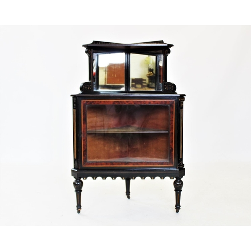 817 - A late Victorian Aesthetic free standing corner cupboard, the ebonised  and burr yew cabinet with tw... 