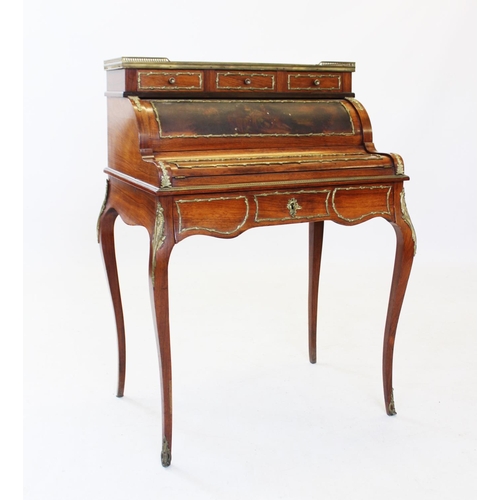 821 - A French rosewood bureau de dame, late 19th century, having a rouge marble top within an openwork gi... 