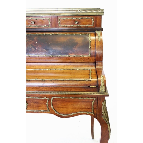 821 - A French rosewood bureau de dame, late 19th century, having a rouge marble top within an openwork gi... 