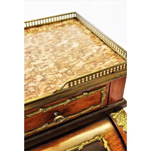 821 - A French rosewood bureau de dame, late 19th century, having a rouge marble top within an openwork gi... 