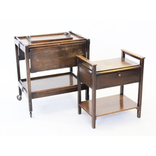 827 - An early 20th century metamorphic oak tea trolley, 64cm long, along with an oak piano stool with a s... 