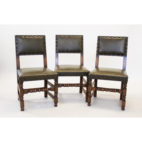 833 - A set of six 17th century style oak dining chairs,early 20th century, each with studded green leathe... 