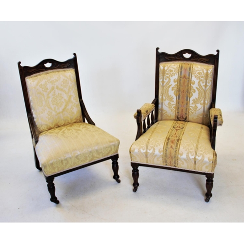 844 - A pair of Edwardian walnut ladies and gentleman's drawing room chairs, each chair with a carved cres... 