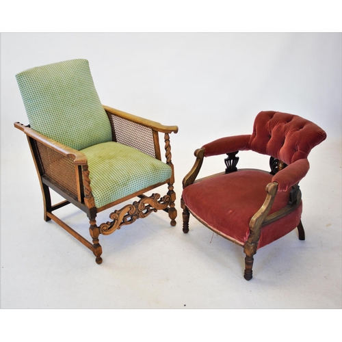 846 - A 1920's beech plantation chair, with a reclining padded back and rattan sides, raised upon barley t... 