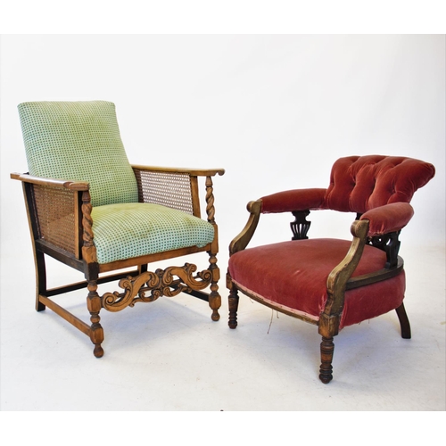 846 - A 1920's beech plantation chair, with a reclining padded back and rattan sides, raised upon barley t... 