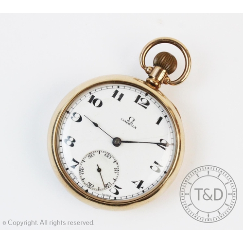 113 - An Omega 9ct gold open face pocket watch, the round white dial with black Arabic numerals and subsid... 