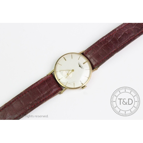 114 - A Longines gold plated wristwatch, the cirular cream dial with gold batons, subsidiary dial to six '... 