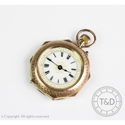 120 - 9ct octagonal ladies fob watch, the round white dial with applied gold decoration, Roman numeral mar... 