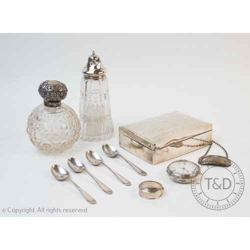 35 - A selection of silver and silver coloured items to include, a silver cigarette box, Crichton Brother... 