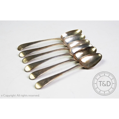 39 - A set of six George III old English pattern silver table spoons, William Stroud, London 1783, with m... 