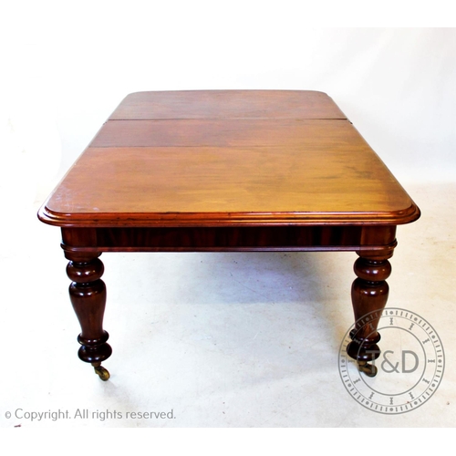 817 - A Victorian mahogany extending dining table, with one extra leaf, the rectangular thumb moulded top ... 