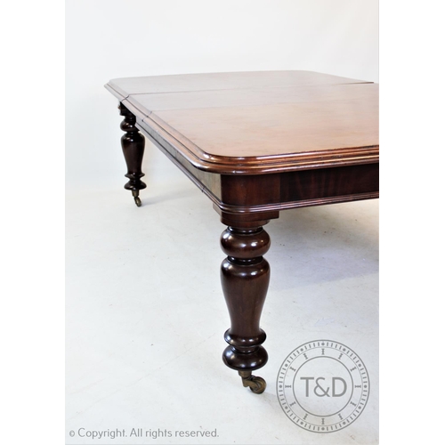 817 - A Victorian mahogany extending dining table, with one extra leaf, the rectangular thumb moulded top ... 