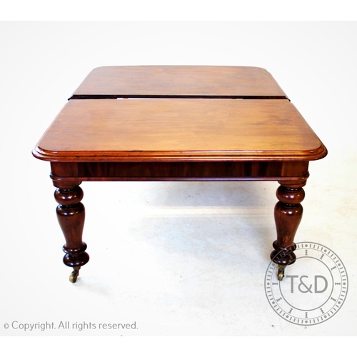 817 - A Victorian mahogany extending dining table, with one extra leaf, the rectangular thumb moulded top ... 