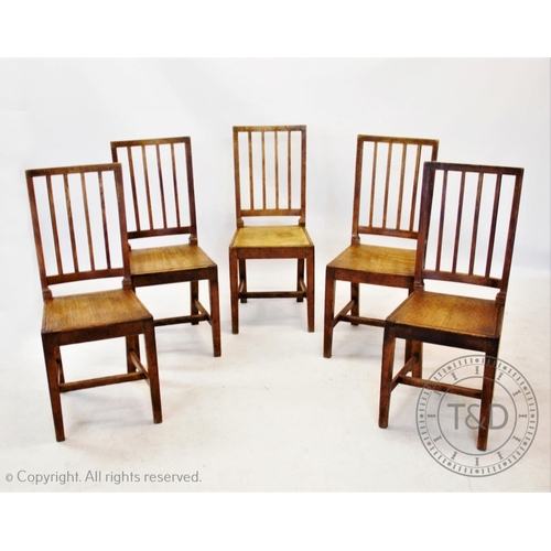 819 - A set of twelve late 19th century oak lath back chapel chairs, each chair with reeded vertical rails... 