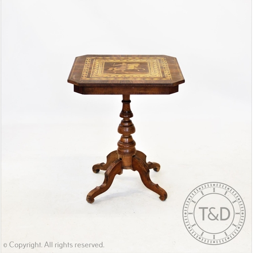 827 - A 19th century continental walnut marquetry and parquetry pedestal table, the square top with canted... 