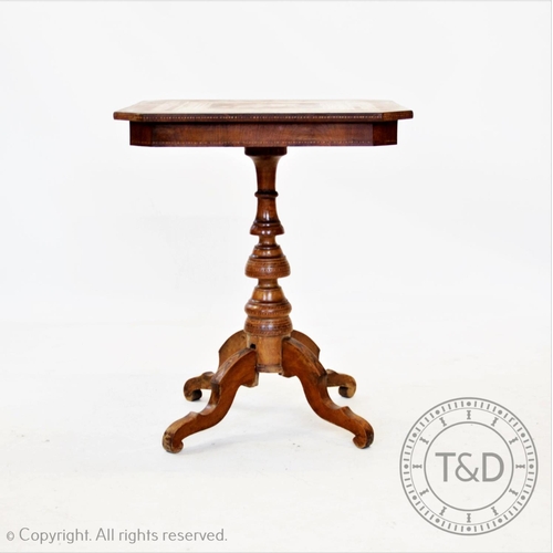 827 - A 19th century continental walnut marquetry and parquetry pedestal table, the square top with canted... 