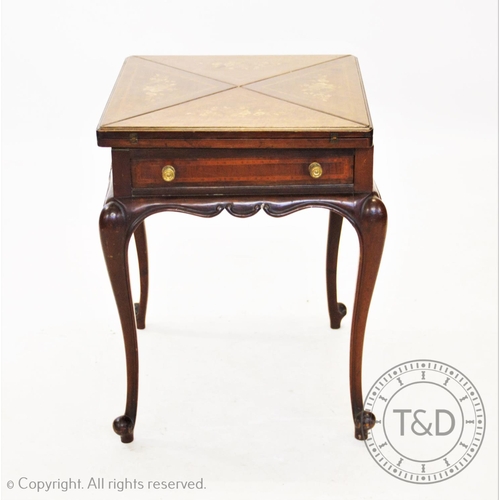 830 - A late 19th century inlaid mahogany envelope bridge table, each hinged quadrant inlaid with a spray ... 