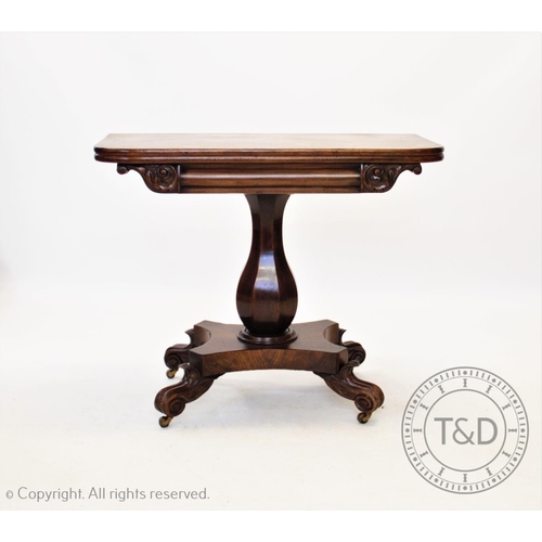 841 - A William IV mahogany pedestal tea table, the rectangular top with rounded corners raised upon an oc... 