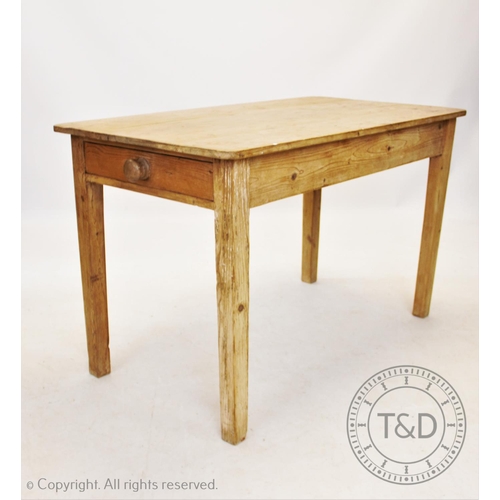 846 - A Victorian pine kitchen table, the rectangular plank top with rounded corners above a single frieze... 