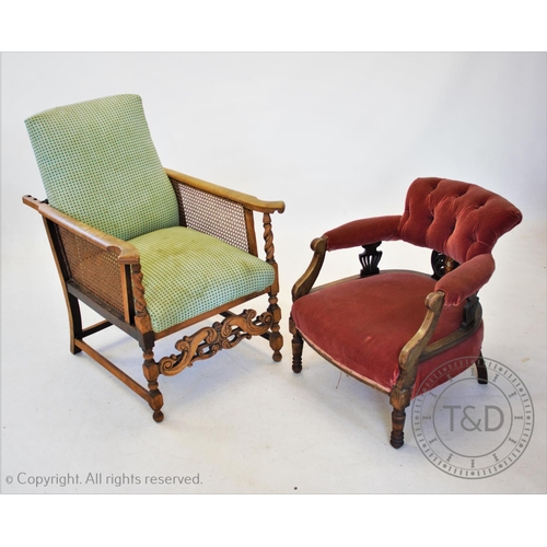 850 - A 1920's beech plantation chair, with a reclining padded back and rattan sides, raised upon barley t... 