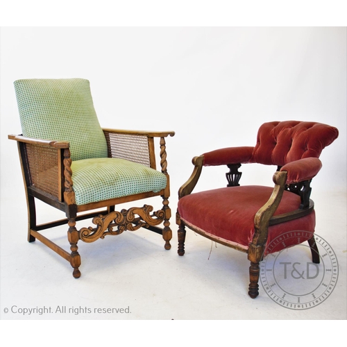 850 - A 1920's beech plantation chair, with a reclining padded back and rattan sides, raised upon barley t... 