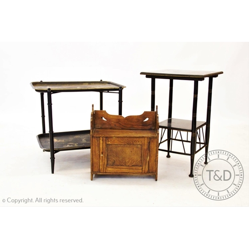 857 - A metal Japanned two tier folding table, 20th century, the two removable trays painted in gilt with ... 